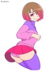  1girl ass bete_noire betty_noire bob_cut brown_hair cute digital_media_(artwork) eyelashes female_only glitchtale green hair_over_one_eye looking_at_viewer panties pink_eyes pink_hair pink_panties pink_skirt purple_shirt purple_stockings rawgreen red_skirt short_hair skirt skirt_lift t-shirt thick_thighs thighhigh_socks undertale_au upskirt white_background zettai_ryouiki 