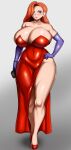 1girl blue_eyes cleavage dress earrings elbow_gloves jessica_rabbit legs orange_hair shoes vnsimp voluptuous who_framed_roger_rabbit