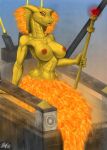  1girl aspheera_(ninjago) big_breasts fire fireofdeviant hypnobrai_(species) lego ninjago nipples orange_eyes scalie scalie_humanoid serpentine_(ninjago) snake yellow_body yellow_scales 