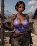  1girl african african_female ai_generated bare_shoulders big_breasts breasts capcom cleavage dark-skinned_female dark_skin high_res horror_game jewelry looking_at_viewer navel patreon_username resident_evil resident_evil_5 sheva_alomar twitter watermark zaloran 