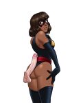 1girl balls ballsack big_breasts big_penis black_skin bleepideeboop blue_eyes blush body_out_of_frame breasts brown_hair comic_book_character face_mask female_focus female_only fully_clothed fully_clothed_female gloves high_res human kamala_khan leotard marvel marvel_comics mature mature_female ms._marvel nipples penis_rubbing_against_ass saka_i_hirokadu sash solo_female solo_focus urethra