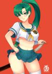  1girl 1girl breasts ear_piercing female_only fire_emblem fire_emblem:_rekka_no_ken green_eyes green_hair japanese japanese_clothes lyn lyndis lyndis_(fire_emblem) revolverwingstudios school_uniform skirt stockings weapon 