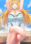  1girl alluring arms_up bare_legs big_breasts breasts core_crystal crossed_legs heroine knees legs_crossed mythra nintendo one-piece_swimsuit swimsuit tiara wink winking_at_viewer xenoblade_(series) xenoblade_chronicles_2 yellow_eyes yellow_hair younf_ 