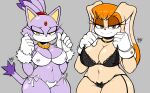 2girls a1x1az absurd_res anthro areola big_breasts black_bra black_clothing black_panties black_underwear blaze_the_cat blush blush_lines bodily_fluids bra bra_strap breasts brown_eyeshadow cameltoe cat_panties choker cleavage clothed clothing clothing_grab curvy_figure dipstick_ears dipstick_tail domestic_cat duo embarrassed eyelashes felid feline felis female female_only floppy_ears fur gloves grey_background hair handwear head_tuft high_res jewelry lace_bra lace_panties lagomorph leporid long_ears long_eyelashes looking_at_viewer lop_ears mammal markings mature_anthro mature_female multicolored_ears narrowed_eyes navel necklace nipple_outline nipples orange_body orange_fur orange_hair panties purple_areola purple_body purple_fur purple_nipples rabbit sega side-tie_panties simple_background smile sonic_the_hedgehog_(series) sweat sweatdrop tail tail_markings tan_body tan_fur thick_thighs translucent translucent_bra translucent_clothing translucent_panties translucent_underwear tuft underwear vanilla_the_rabbit voluptuous white_body white_bra white_clothing white_fur white_gloves white_handwear white_panties white_underwear wide_hips yellow_eyes