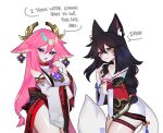  2girls absurd_res ahri_(league_of_legends) animal_ear_fluff animal_ears animification big_breasts black_hair blush braid breasts brown_eyes crossover detached_sleeves disgust english_text fox_ears fox_girl fox_tail frown genshin_impact hair_between_eyes halter_shirt halterneck high_res i_think_we&#039;re_gonna_have_to_kill_this_guy_steven_(meme) japanese_clothes kimono league_of_legends medium_breasts meme mizah_(mizah) multiple_girls pink_hair purple_eyes red_kimono red_skirt riot_games skirt tail trait_connection white_background yae_miko 