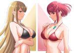 2girls 6oryo_illust alluring big_breasts bikini bikini_top blonde_hair cleavage core_crystal earring gemstone gold_eyes heroine heroines jewelry mythra nintendo pyra red_eyes red_hair swimsuit xenoblade_(series) xenoblade_chronicles_2