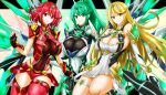  3_girls ailf alluring big_breasts blonde_hair cleavage clothed gold_eyes green_eyes green_hair hisin long_hair milf mythra nintendo pneuma_(xenoblade) ponytail pyra red_eyes red_hair separate short_hair xenoblade_(series) xenoblade_chronicles_2 