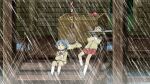  3girls blue_hair multiple_girls nichijou rain raining school_uniform schoolgirl sitting steps 