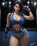  1girl ai_generated alternate_costume alternative_costume asian asian_female asuka_kazama bandai_namco bare_shoulders big_breasts breasts cleavage female_only fighting_game high_res jewelry kazama_asuka light-skinned_female light_skin looking_at_viewer namco namco_bandai navel patreon_username shorts tekken tekken_5 twitter video_game_character video_game_franchise watermark zaloran 