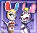 animal_crossing anthro bella_(animal_crossing) belt black_eyes blonde_hair book bracelet clothing collar digital_media_(artwork) furry glasses jackintaro lingerie mouse nintendo panties petri_(animal_crossing) piercing pink_eyes ribbon stockings teeth test_tube underwear white_fur