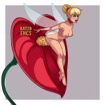 1girl blonde_hair breasts disney fairy_wings female female_only flower hairless_pussy implied_insertion nude open_mouth peter_pan pointy_ears pussy pussy_juice ratedehcs tinker_bell tongue_out vaginal_juices wings