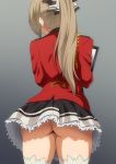  1girl aiguillette amagi_brilliant_park ass bow brown_hair clipboard frills from_behind hair_bow hair_intakes hara_(harayutaka) highres holding_clipboard jacket long_hair no_panties ponytail red_jacket sento_isuzu skirt solo upskirt white_legwear 