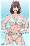  1girl 1girl alluring big_breasts blue_lingerie blue_stockings brown_hair butcha-u dead_or_alive dead_or_alive_2 dead_or_alive_3 dead_or_alive_4 dead_or_alive_5 dead_or_alive_6 dead_or_alive_xtreme_beach_volleyball eroquis g-string garter_belt garter_straps hands_on_hips hitomi hitomi_(doa) lingerie panties short_hair standing stockings stockings tan_line tecmo under_boob 