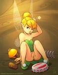  1girl blonde_hair clothed disney dress fairy_wings female female_only green_dress joe_randel no_panties one_eye_closed peter_pan pointy_ears sitting solo tinker_bell wings 