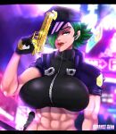 abs avis_(strangehero) big_breasts golden_gun_(object) green_hair gun huge_breasts muscular muscular_female police_hat police_uniform policewoman strangehero