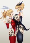  2_girls artoria_pendragon_(all) artoria_pendragon_(lancer) artoria_pendragon_(lancer_alter) aryan_female big_breasts black_leotard blonde_hair blue_eyes braid breasts bunny bunny_costume bunny_ears bunny_girl bunnysuit choker domination dragon_tail dragon_tattoo face_tattoo fate/grand_order fate_(series) femdom heart heart_vine_tattoo horns leotard light-skinned_female light_skin mal mordred_(fate) multiple_girls nazi neck_tattoo ponytail queen_of_hearts queen_of_hearts_tattoo red_leotard schutzstaffel schutzstaffel_tattoo small_breasts ss_tattoo swastika swastika_tattoo tail taller_female tattoo tie tomboy white_background white_male_property wolfsangel yellow_eyes 