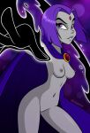 1girl bold-n-brash breasts cloak cloak_only darthguyford dc_comics demon_girl female_only forehead_jewel grey_skin jewel_on_forehead mostly_nude nipples purple_eyes purple_hair raven_(dc) simple_background straight_hair superheroine teen_titans umbrakinetic