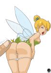 1girl ass bent_over blonde_hair disney dress dress_lift fairy_wings female green_dress green_eyes human looking_back one_eye_closed panties panties_down partially_clothed peter_pan pussy pussy_juice revtilian standing tinker_bell vaginal_juices white_background white_panties wings