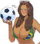  1girl big_breasts brasil brazil brazilian brazilian_flag brazilian_flag_bikini breasts brown_hair cleavage female_only flag_print flag_print_bikini flag_print_swimsuit football glasses glasses_on_head latina national_personification ohasi original original_character soccer_ball white_background 