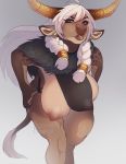 1girl anthro bend_over big_breasts bonnie_bovine bovid bovine braided_hair breasts curvaceous ear_piercing earring facial_piercing frøya furry gradient_background hair horn lip_piercing lip_ring long_hair looking_at_viewer mammal nipples piercing undressing white_hair