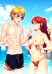 1boy 1girl 1girl abs bikini blonde blue_eyes cloud embarrassed grapesliime green_eyes high_resolution jaune_arc long_hair looking_at_another male ocean outside presenting presenting_breasts pyrrha_nikos red_hair rwby sky swimming_trunks swimsuit tied_hair toned water wet