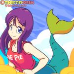 1:1_aspect_ratio 1girl areola bare_arms big_breasts blue_eyes blush breasts cloud dragon_ball dragon_ball_(classic) flashing gif large_filesize long_hair looking_at_viewer mermaid mermaid_(dragon_ball) monster_girl navel nipples no_bra on_cloud parted_lips pie_pie_t-shirt purple_hair red_shirt shirt simple_background sitting sitting_on_cloud sleeves_rolled_up twistedgrim