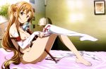  1girl alluring asuna_(sao) asymmetrical_legwear barefoot bed blush breasts brown_eyes brown_hair detached_sleeves feet half_updo high_resolution leaning_back legs long_hair long_legs looking_at_viewer medium_breasts nipples on_bed rapier single_thighhigh sitting smile socks stockings sword sword_art_online thighhighs_pull thighs third-party_edit tied_hair undressing very_high_resolution weapon white_legwear yuuki_asuna 