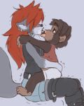 1girl age_difference anthro ape big_lips black_lips blush canine cuddling drooling ear_piercing furry hugging kissing lips male mammal on_lap piercing primate saliva shaking sitting_on_lap size_difference slobber smaller_male trembling ungulatr wolf younger_male