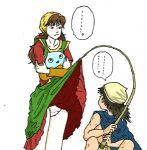 black_eyes blush brown_hair dragon_quest dragon_quest_vii dragon_warrior_vii flat_chest gabo long_hair lowres maribel messy_hair nude solo