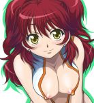  1girl areola_slip areolae blush breast_squeeze breasts cleavage erect_nipples freckles gundam gundam_00 nanamo nanamo_(002a) nena_trinity nipple_slip nipples red_hair solo two_side_up yellow_eyes 