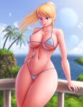  1girl beach_house big_breasts bikini blonde_hair blue_bikini blue_eyes breasts cleavage curvaceous curvy_female curvy_figure day daytime female_only front_view grab hair_in_wind home long_hair looking_at_viewer metroid nintendo pale-skinned_female palm_trees pink_lipstick ponytail saf-404 saf_404 safartwoks safartworks samus_aran shiny_body smile smiling_at_viewer smirk straight_hair sunlight_rays thick video_game_character 