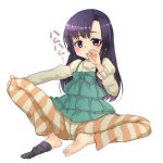 1girl barefoot blush face feet finger_to_mouth footwear kuhouin_murasaki kure-nai kurenai long_hair mune murasaki_kuhouin purple_eyes purple_hair single_sock sock_dangle sock_pull socks solo spread_legs striped thumb_sucking