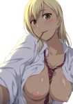 1girl between_breasts blonde_hair blush breasts dark-skinned_female dark_skin high_resolution ishigaki_takashi jewelry looking_at_viewer mouth_hold necklace open_clothes original pocky shiny shiny_skin tan_skin tanned yellow_eyes