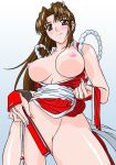 1girl blush breasts brown_eyes brown_hair fatal_fury kind_of_blue king_of_fighters mai_shiranui nipples pelvic_curtain ponytail rudoni shiranui_mai snk solo the_king_of_fighters