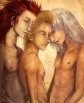  3boys axel blond_hair blonde_hair demyx kingdom_hearts lowres male male_focus multiple_boys red_hair riku_(kingdom_hearts) silver_hair topless yaoi 