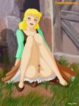 1_girl 1girl 2004 blonde blonde_hair blue_eyes blush cartoonvalley.com cinderella clothed disney female female_human female_only helg_(artist) human knees_together_ankles_apart mostly_clothed no_panties outdoor outside princess_cinderella pussy skirt skirt_lift solo solo_female upskirt