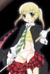  blonde_hair blush gloves green_eyes maka maka_albarn maka_arubaan narusawa_kei necktie panties plaid plaid_skirt scythe skirt skirt_pull soul_eater tartan twintails underwear yoshidama_sahiko 