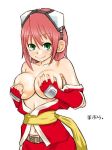  anime blush breasts female goggles gouma_reifuden_izuna green_eyes huge_breasts izuna_(legend_of_the_unemployed_ninja) kunoichi legend_of_the_unemployed_ninja light-skinned_female navel ninja pink_hair short_hair simple_background solo white_background 