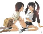  2girls amasawa_yuuko brown_hair dennou_coil eye_contact glasses isako looking_at_another midriff multiple_girls okonogi_yuuko panties pantyshot pencil_skirt short_hair skirt spread spread_legs twintails underwear yasako yoneda_taishou yuko_amasawa yuko_okonogi yuri yuuko_amasawa yuuko_okonagi 