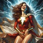  ai_generated bodysuit bracelet brown_hair cape covering_pussy dc_comics dc_comics lightning lipstick long_hair long_sleeves mary_marvel miniskirt pleasure_face red_bodysuit red_lipstick satisfied satisfied_look skirt_pull white_cape 