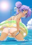 1girl ass bad_id bikini blue_eyes blush cameltoe double_bun flossing hair_buns hiiragi_kagami innertube kagami_hiiragi looking_back lucky_star misooden one-piece_tan purple_hair short_hair solo swimsuit tan tanline translated wedgie wet