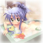 1girl ass back bath bathtub black_eyes blue_hair blush female_only green_eyes izumi_konata konata_izumi long_hair lucky_star mole nude rubber_duck saxyun water water_gun wet