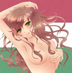 1girl armpits axis_powers_hetalia bad_id blush breasts brown_hair censor_hair censored convenient_censoring flower green_eyes hair_censor hair_over_breasts hungary_(hetalia) long_hair myg smile solo topless