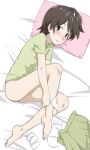 1girl barefoot blush dennou_coil feet footwear glasses glasses_on_head lying okonogi_yuuko on_side panties panty_pull socks solo toe_scrunch underwear undressing yasako youkan yuko_okonogi