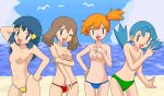 4girls :d ;d aqua_eyes arm arm_up arms art babe bare_arms bare_legs bare_shoulders beach bikini bird blue_bikini blue_eyes blue_hair blue_swimsuit blush breasts brown_hair crystal crystal_(pokemon) dawn erect_nipples friends green_bikini green_swimsuit gym_leader hair_ornament hairless_pussy half_updo hand_on_hip haruka_(pokemon) hikari_(pokemon) kasumi_(pokemon) kuro_hopper kusakabe330 legs lineup long_hair looking_at_viewer low_twintails marina marina_(pokemon) may misty multiple_girls nintendo nipples ocean oekaki open_mouth orange_hair photoshop pokemon pokemon_(anime) pokemon_(game) pokemon_gsc pokemon_rgby pokemon_rse red_bikini red_swimsuit seagull short_hair small_breasts smile standing swimsuit topless v wink yellow_bikini yellow_swimsuit