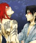  2boys abarai_renji back bare_shoulders black_hair bleach blue_background blush blushing byakuya_kuchiki cheeks chin closed_eyes cum cumshot drool elbow eyebrows eyelashes hair kuchiki_byakuya long_hair multiple_boys neck nose nude penis red_hair redhead renji renji_abarai robe saliva shoulders sweat tattoos throat yaoi 