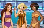  3_girls absurd_res adult adult_female bare_arms blue_eyes brown_eyes carmen_(totally_spies) dark-skinned_female dark_brown_hair female_abs female_focus female_only gabby_(totally_spies) green_eyes hand_on_hip hips jettmanas lips lipstick long_brown_hair midriff milf multicolored_swimsuit navel older older_female one-piece_swimsuit platinum_blonde_hair poolside purple_bikini short_blonde_hair short_brown_hair smile stella_(totally_spies) swimming_pool teeth thighs totally_spies yellow_bikini 