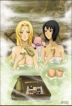 2_girls 2girls alcohol black_hair blonde_hair breasts cleavage grayscaled highres multiple_girls naruto onsen sake shizune sushi topless tsunade