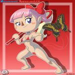 animal_crossing animal_crossing_boy bikini blue_eyes bug_net butterfly digital_media_(artwork) jackintaro net nintendo pink_hair ponytail ribbon simple_background villager_(animal_crossing)