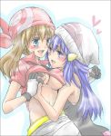 2girls :d art babe bandana bandanna beanie big_breasts blue_eyes blue_hair blush breast_grab breasts brown_hair dawn eye_contact friends gloves hair happy haruka_(pokemon) hat headgear heart long_hair looking_at_another love may multiple_girls mutual_yuri natsu315 nintendo open_mouth pokemon pokemon_(anime) pokemon_(game) pokemon_dppt pokemon_rse shirt shirt_lift short_hair short_sleeves sleeveless smile upshirt yuri